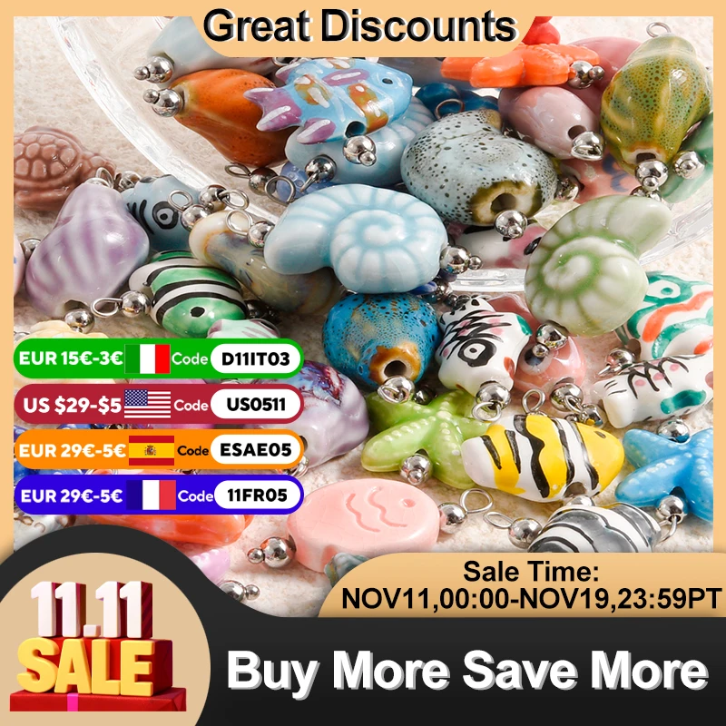 

10Pcs Abalorios Marine Life Sea Animal Charms Bisutería Materiales Hand Painted Ceramic Ocean Starfish Conch Shell Pendant Bulk