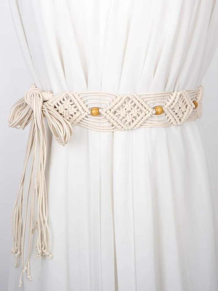 

Женский широкий пояс в богемном стиле в стиле макраме с деревянными бусинами и галстуком из ромбовидного плетения - винтажный пояс с бахромой на талии для классических брюк, многослойный ремень