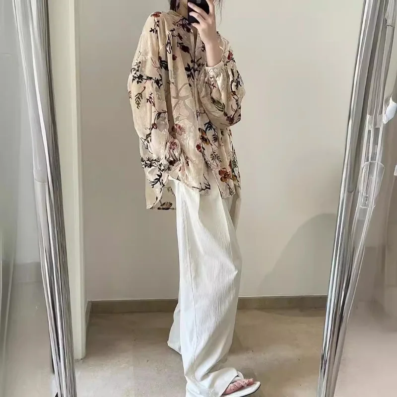 Vintage Wine Velvet Print Loose Shirt for Women Fashion Basic Simple Stand Collar Casual Elegant French  Korean Chic Lady Blouse