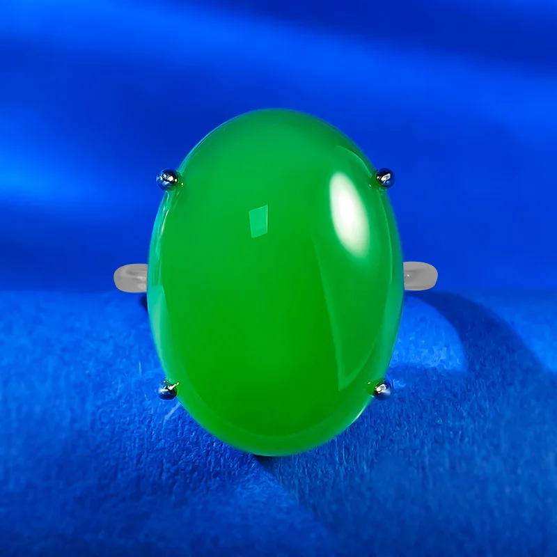 

S925 Silver Ring Set with High Ice Green Jade Chalcedony Temperament Egg Face 15 * 20mm Agate Ring Boutique Jewelry for Women