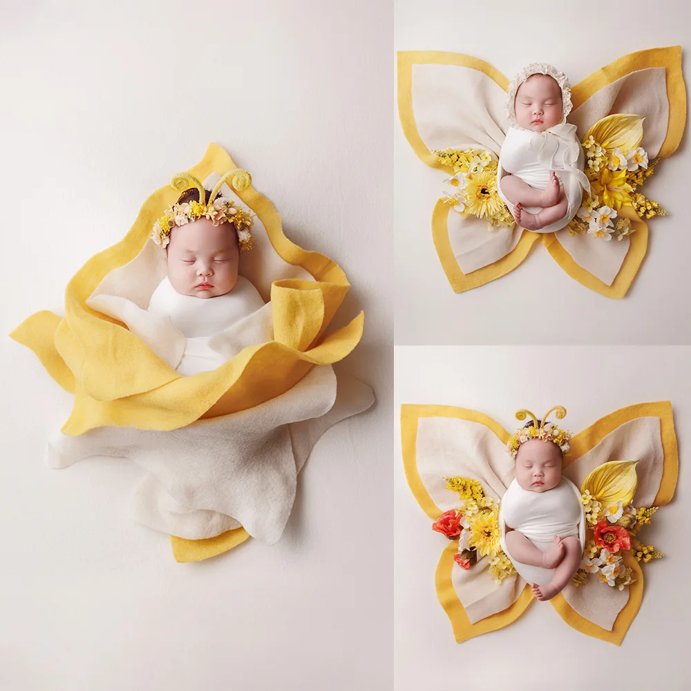 Newborn Wrap Theme Photography Props Set Headband Soft Felt Fabric Butterfly&flower Bud Styling Props Professional Studio Shoot