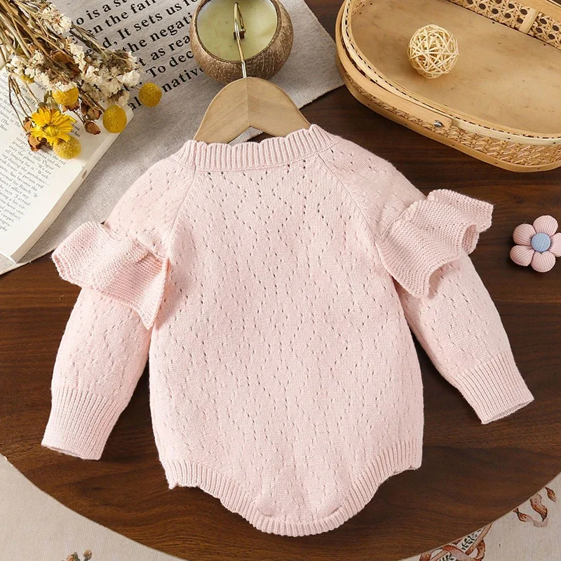 2025 New Autumn Korean Style Climbing Suit Long Sleeved Solid Color Splicing Newborn Baby Girl Bodysuit Children Knitted Clothes