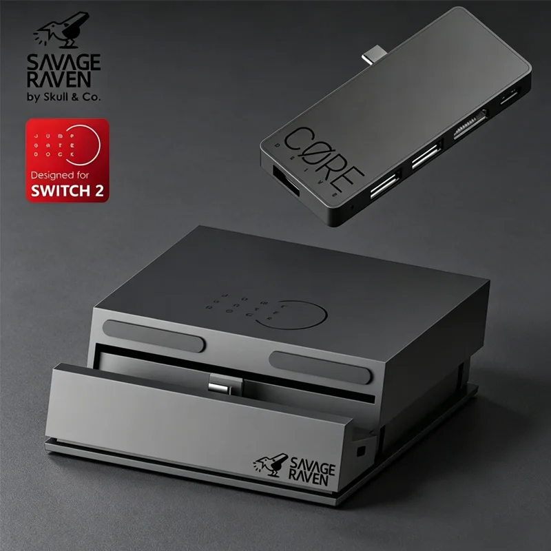Savage Raven by Skull & Co. Jumpgate Dock 4k USB C Hub Portable Stand for Nintendo Switch OLED & switch 2 Dock Accessories