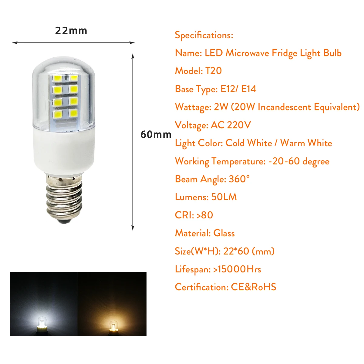 Minibombilla LED tipo mazorca de maíz para máquina de coser, lámpara para horno microondas, E14, E12, CA 220V, T22, 2W, 2835 SMD