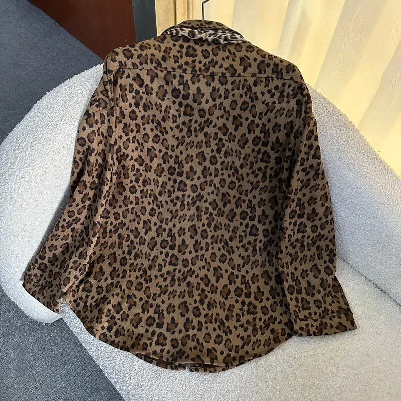 Autumn Heavy Industry New Diamond-Encrusted Leopard Print Long Sleeves Shirt Y2k Loose Casual Fashion Mid-Length Blouse Top Coat