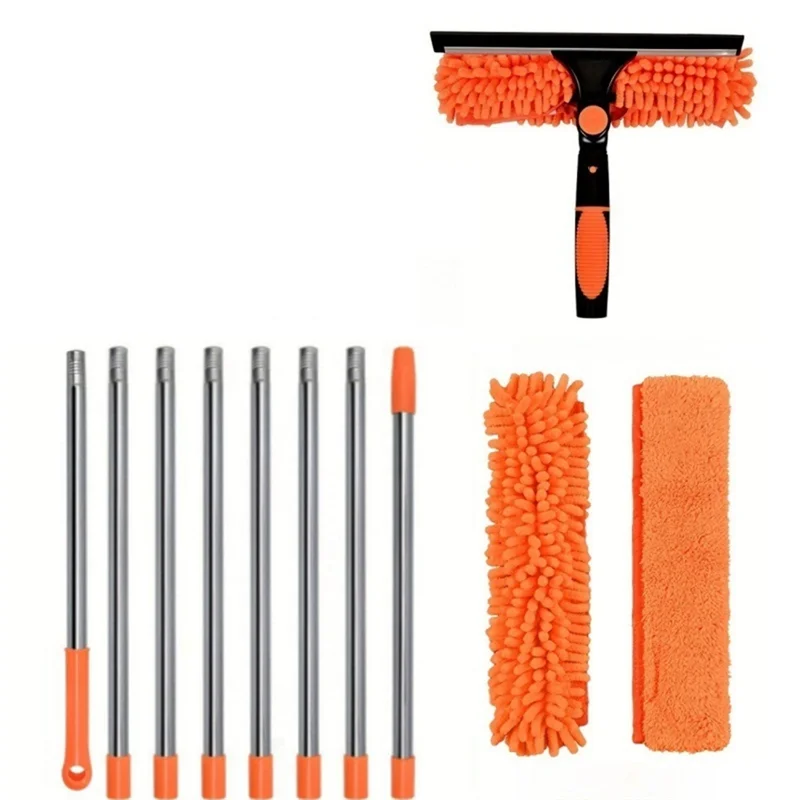 

LICE-Double Sided Glass Squeegee Cleaner Duster Mop 2 In 1 Window Cleaning Kit Extended 180° Swivel Tools