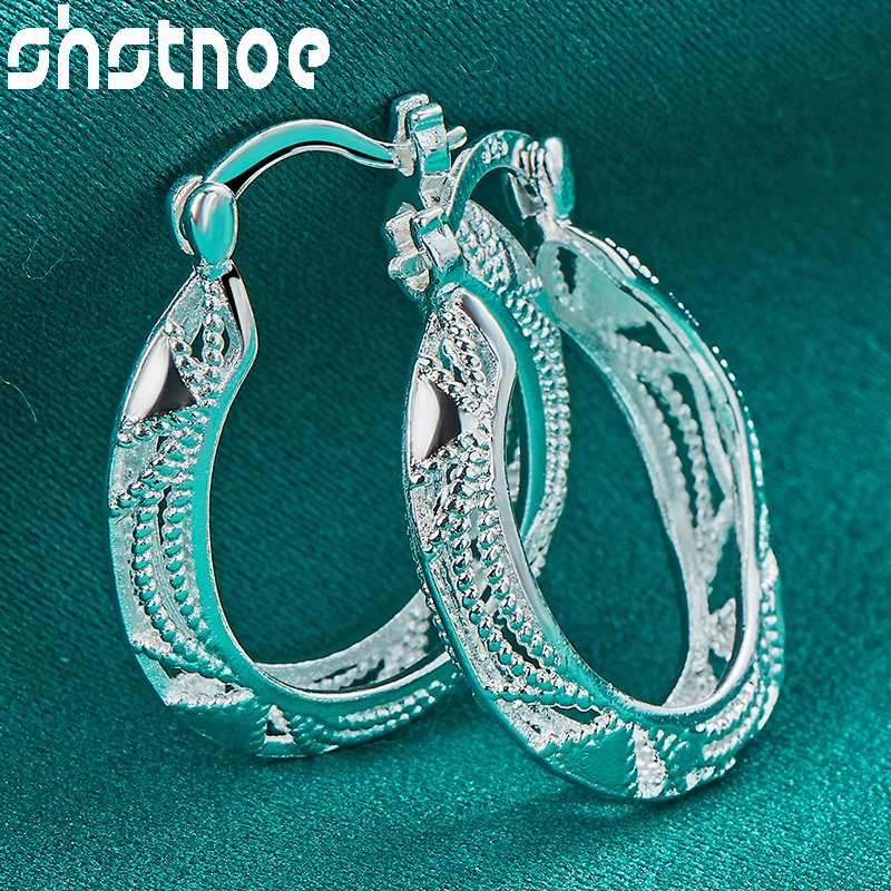 

SHSTONE 925 Sterling Silver U Shaped Engraved Hoop Earrings For Women Party Engagement Wedding Birthday Gift Fashion Jewelry