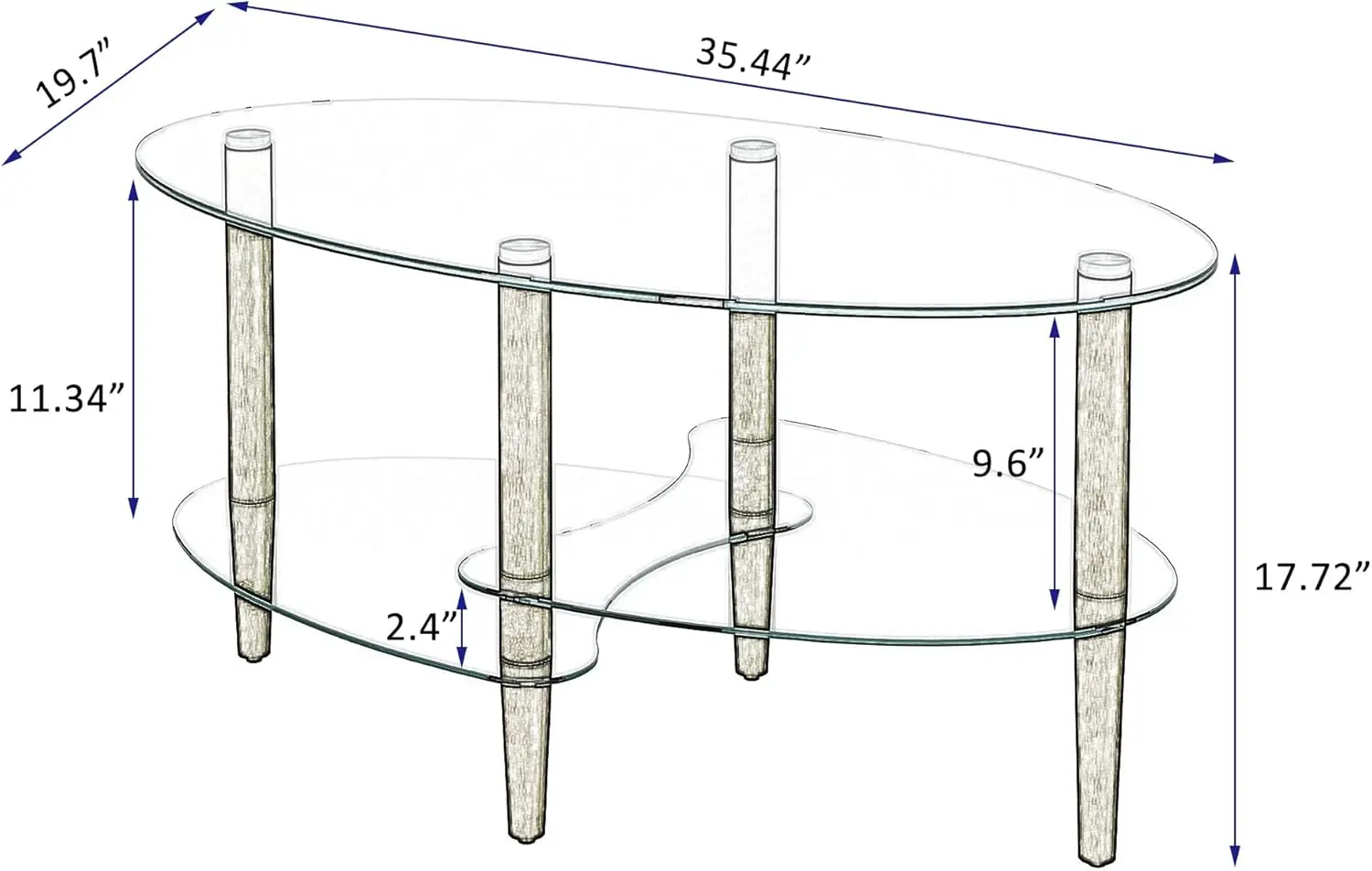 [Flash Sale]Transparent Oval Glass Coffee Table Modern Table In Living Room Oak Wood Leg Tea Table 3-Layer Glass Table[US-W]