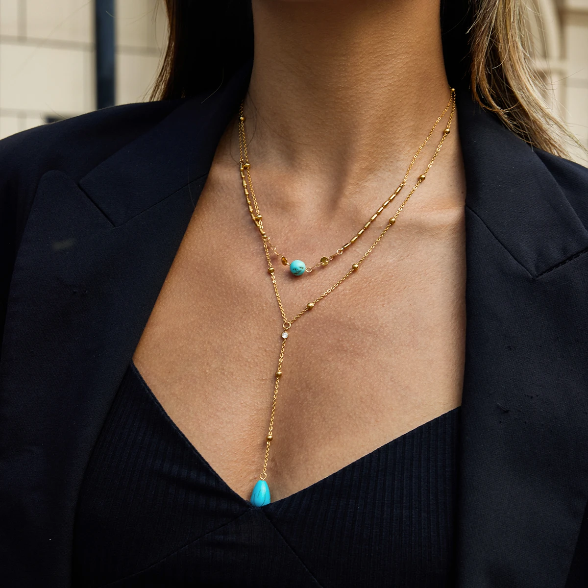 

AIKOER Minimalist Classic 18K Gold Color Plated White Zircon Turquoise Double Layer Necklace Waterproof Stainless Steel Jewelry