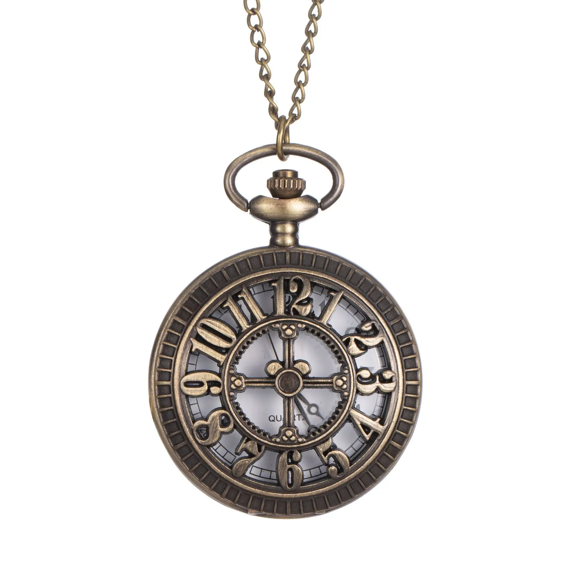 Exquisite Vintage Bronze Steampunk Pocket Watch, Carved Hollow Arabic Numerals Flip Quartz Clock, Retro Necklace Hanging Watch view 6