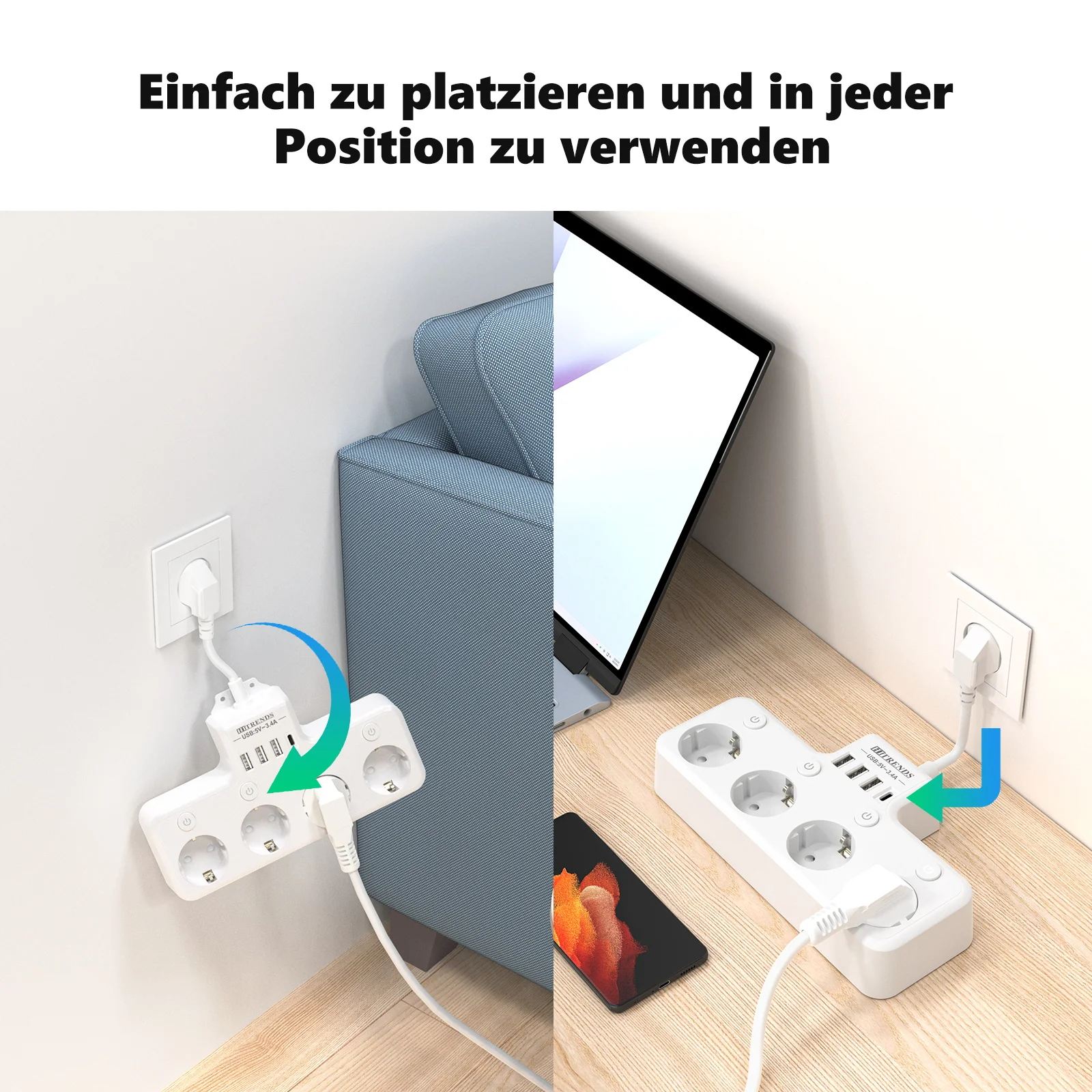 Eu plug multi-contact socket 3/4/5AC+USB-C and Type-C fast charging ports home power socket with switching surge protector image 3