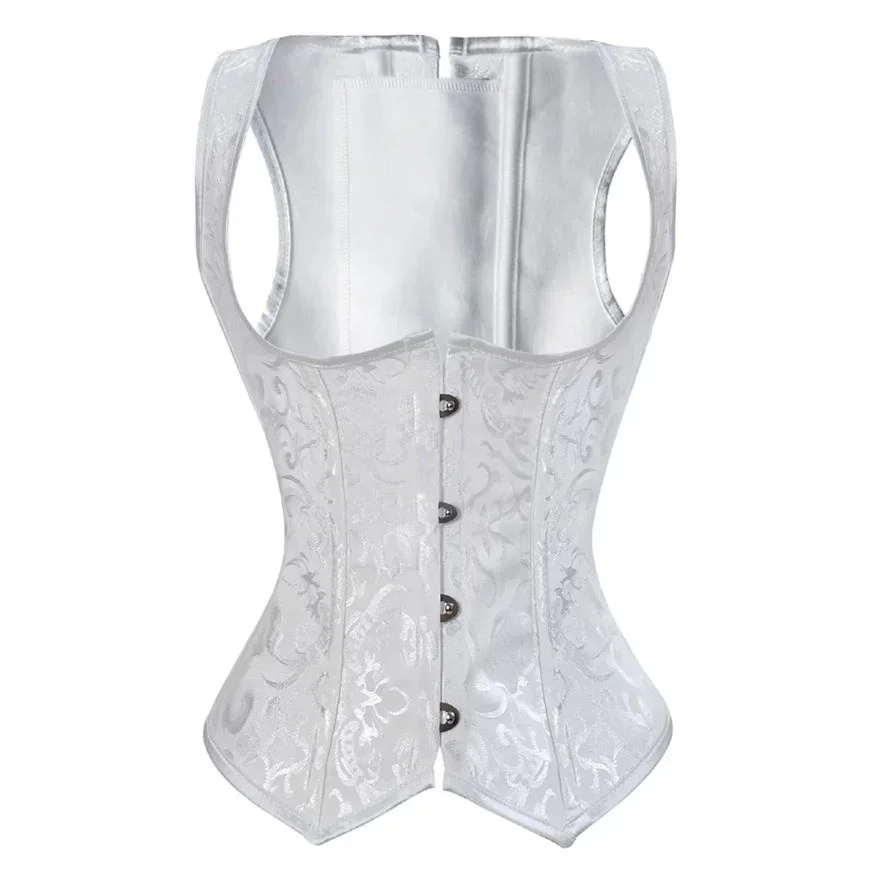 Underbust Corset Vest Women Gothic Brocoded Bustiers Top with Shoulder Straps Slimming Plus Size Jacquard Shapewear Black White