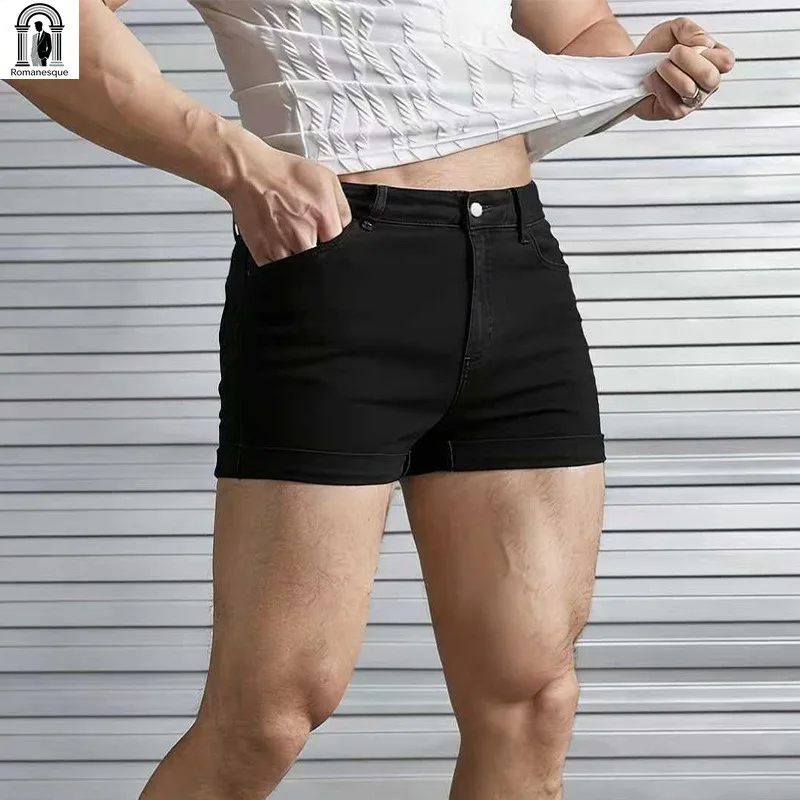 Men's Sexy Slim Fit White Denim Shorts, Rolled Cuff, Stretchy Skinny Jeans Shorts, Casual Summer Short Pants for Men view 4