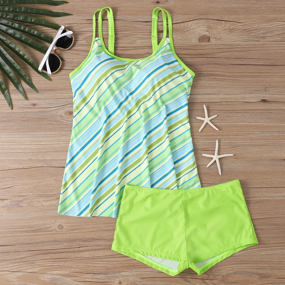 Women Paisley Patchwork Tankini Swimsuit Double Spaghetti Straps Flowy A-Line Top Boyshort Two Piece Modest Beach Bathing Suit