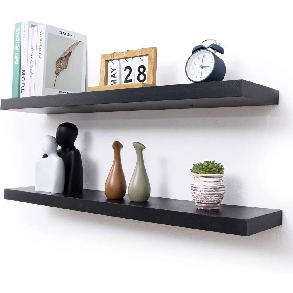 Black Floating Shelves for Wall-36 Inch Lightweight Wood Wall Shelves Set of 2-Floating Black Shelves for Storage Display Ledges