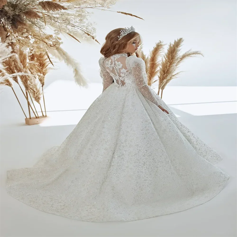 

Luxury Beauty Pageant Glitter Tulle Flower Girl Dresses Baptism Communion Party Gown Floral Lace with Crystals