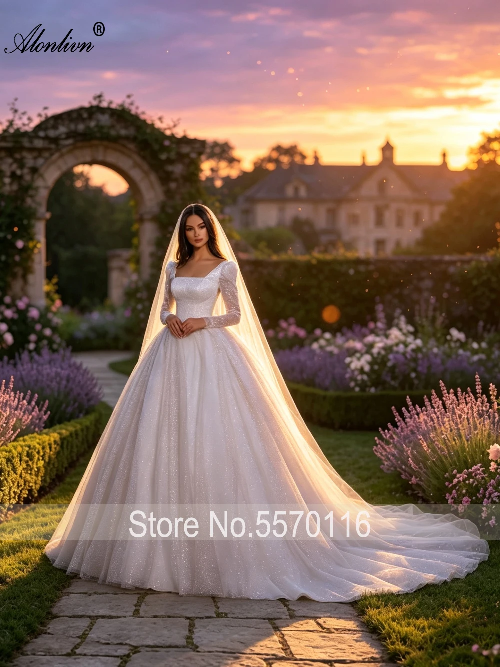 Alonlivn Custom Made Shiny Lace Ball Gown Wedding Dresses Novias Full Sleeves Court Train Square Collar Bridal Gowns