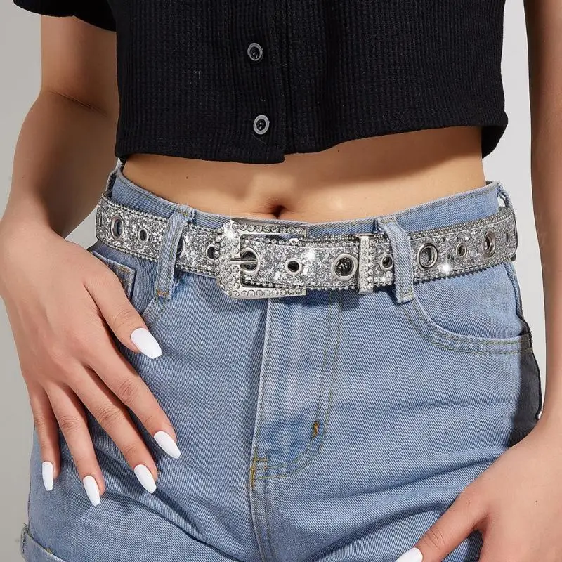 K1ME Locomotive Waist Belt Shinning Buckle Belts for Woman Men Luxurious Full Sequins Waist Strap for Jeans Dress