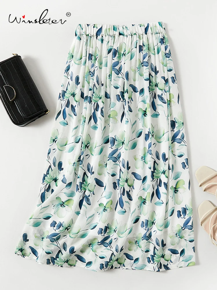 Winsleter-100%Silk Elegant Skirts, Elastic Waist Floral Printed, Women Temperament Party A-line Skirt, 2026 Spring New B61210CC