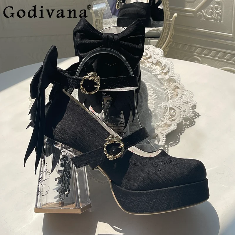 

Original Lolita Black High Heels Autumn New Women's Sweet Elegant Bow Mary Jane Shoes Ladies Birthday Party Cos Platform Shoes