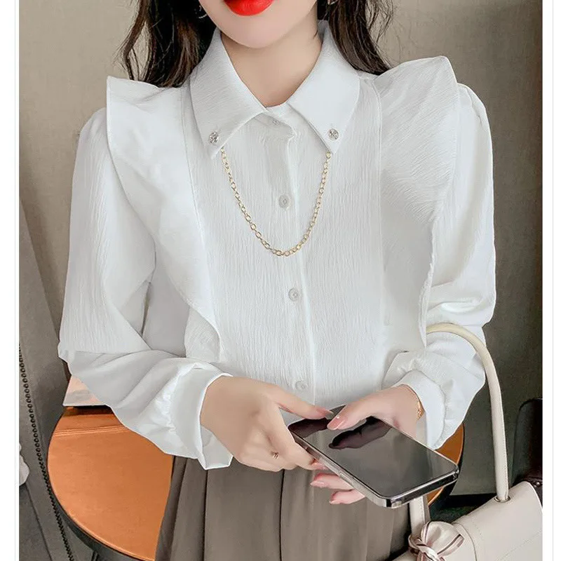 Spring Autumn Retro Korean Style Ruffles Elegant Chic Chain Women\'s Button Up Shirt Long Sleeve Office Ladies Blouse Tops Blusas