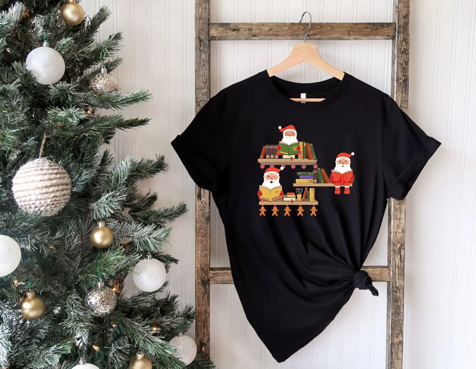 Santa Reading T shirt Teacher Christmas Librarian Book Lover School