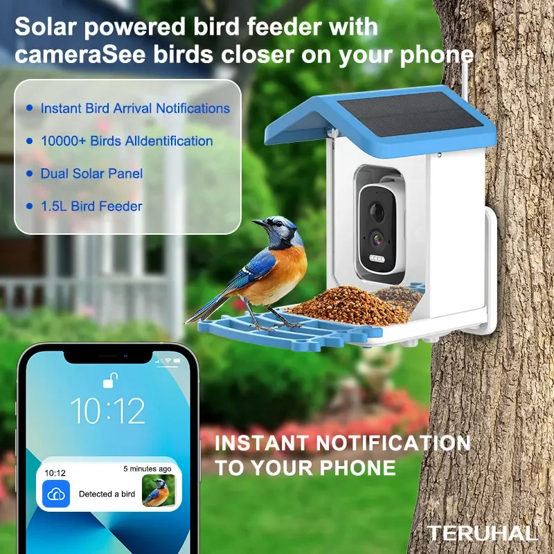 Solar Powered AI Bird Feeder Camera, 10000 + Species, Video Recording, Works with Alexa Google Home, Nature Gift, 5MP HD