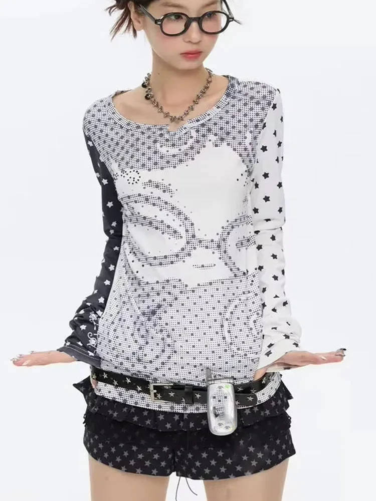 Y2k Aesthetic Long Sleeve T-shirts Women Anime Polka Dot Print Patchwork Slim Fit Tops Autumn Harajuku Vintage Tees Ins - view 3