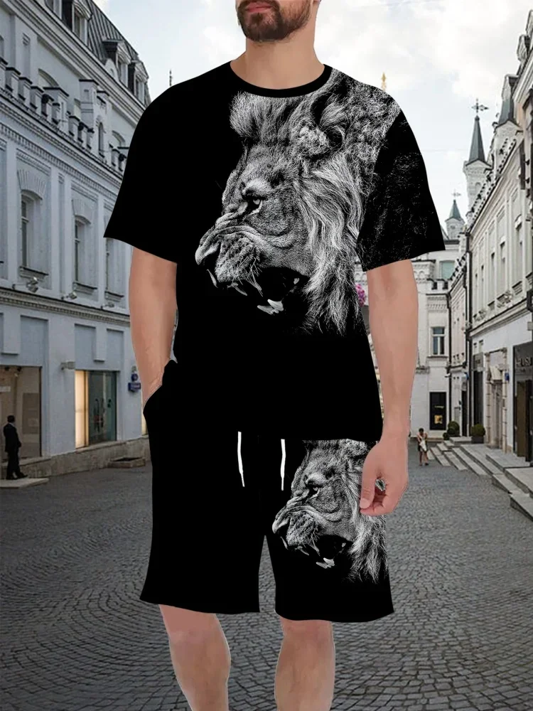 

New Summer Lion-Print Men's Shorts Set | Casual Streetwear T-Shirt and Shorts Set | 3D Color-Block Print Round-Neck Sports Set