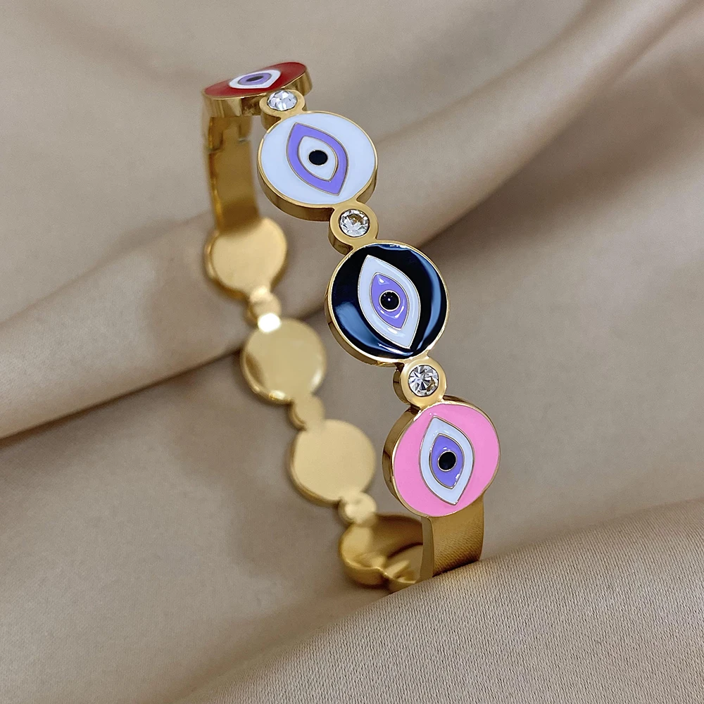 Evil Eye Stainless Steel Charm Bracelet, Rhinestone