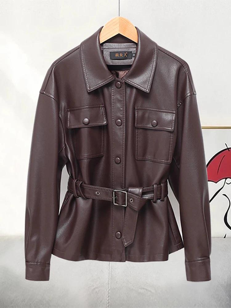 

Модная короткая кожаная куртка для женщин из натуральной овчины с поясом, замшевое пальто, верхняя одежда для повседневной носки, с длинными рукавами, стандартный крой