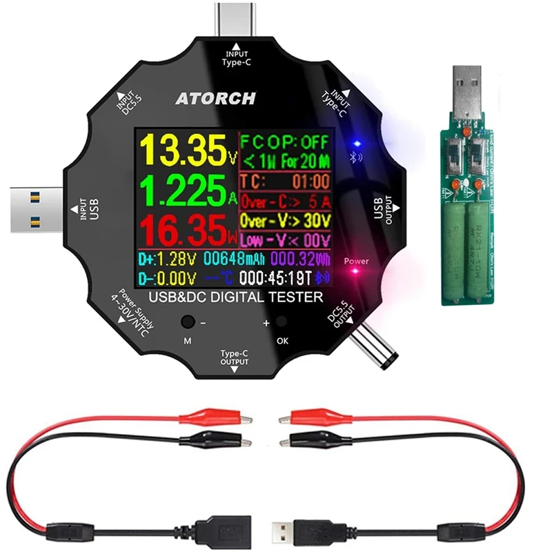 Tester USB C, Tester 3 w 1 Type C DC5.5 USB kolorowy ekran IPS cyfrowy multimetr, wykrywacz pojemności, z klipsem