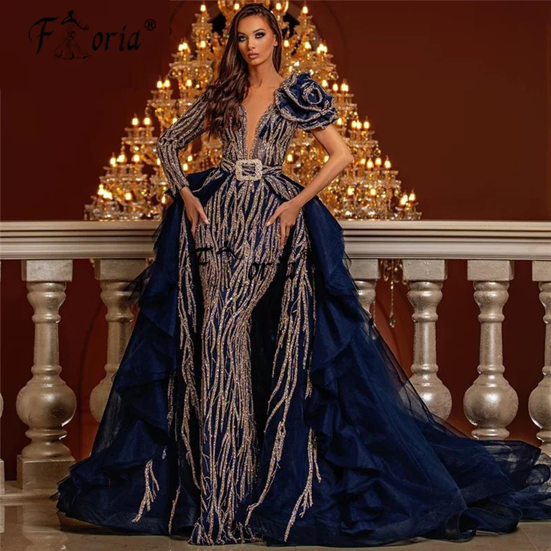 

Dubai Glitter Blue Evening Dresses With Detachable Train 2023 Woman Formal Party Prom Gown Aso Ebi Kaftans Arab Robes de soiree