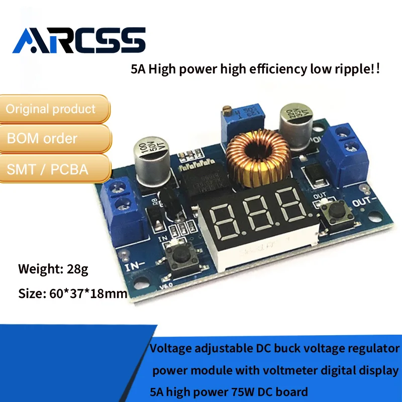 وحدة طاقة منظم جهد تيار مستمر قابلة للتعديل مع شاشة ديجيتال الفولتميتر 5A عالية الطاقة 75 وات لوحة تيار مستمر