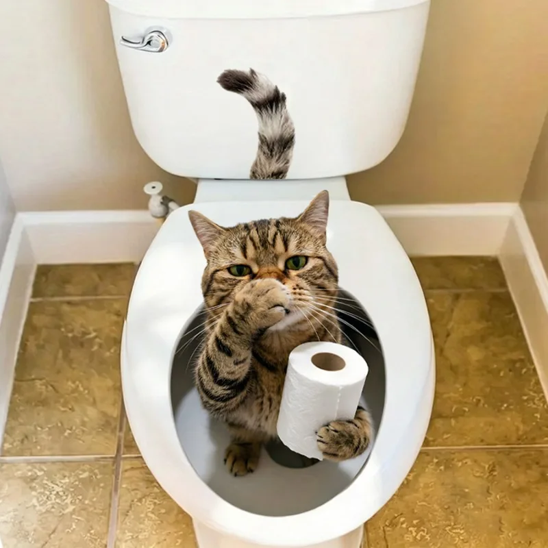 Funny Cat Toilet Sticker Cute Kitten Holding Toilet Paper Decal for Toilet Lid Bathroom DIY Wall Decoration