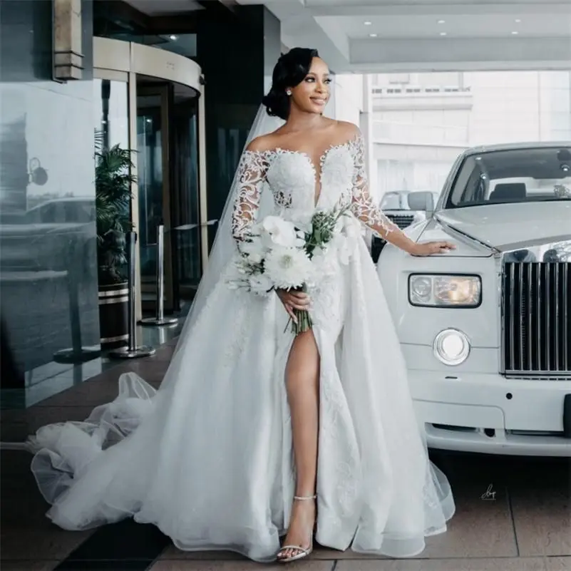 Customized Off Shoulder Lace Mermaid Wedding Dresses Plus Size Long Sleeves Vestidos De Novia Bridal Gowns Detachable Train