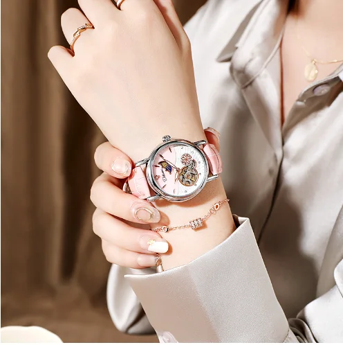 elegant New 2024 Casual Fully Automatic Mechanical Waterproof Watch Women's Fashion Trend Sun Moon Stars Multi-Functional Watch