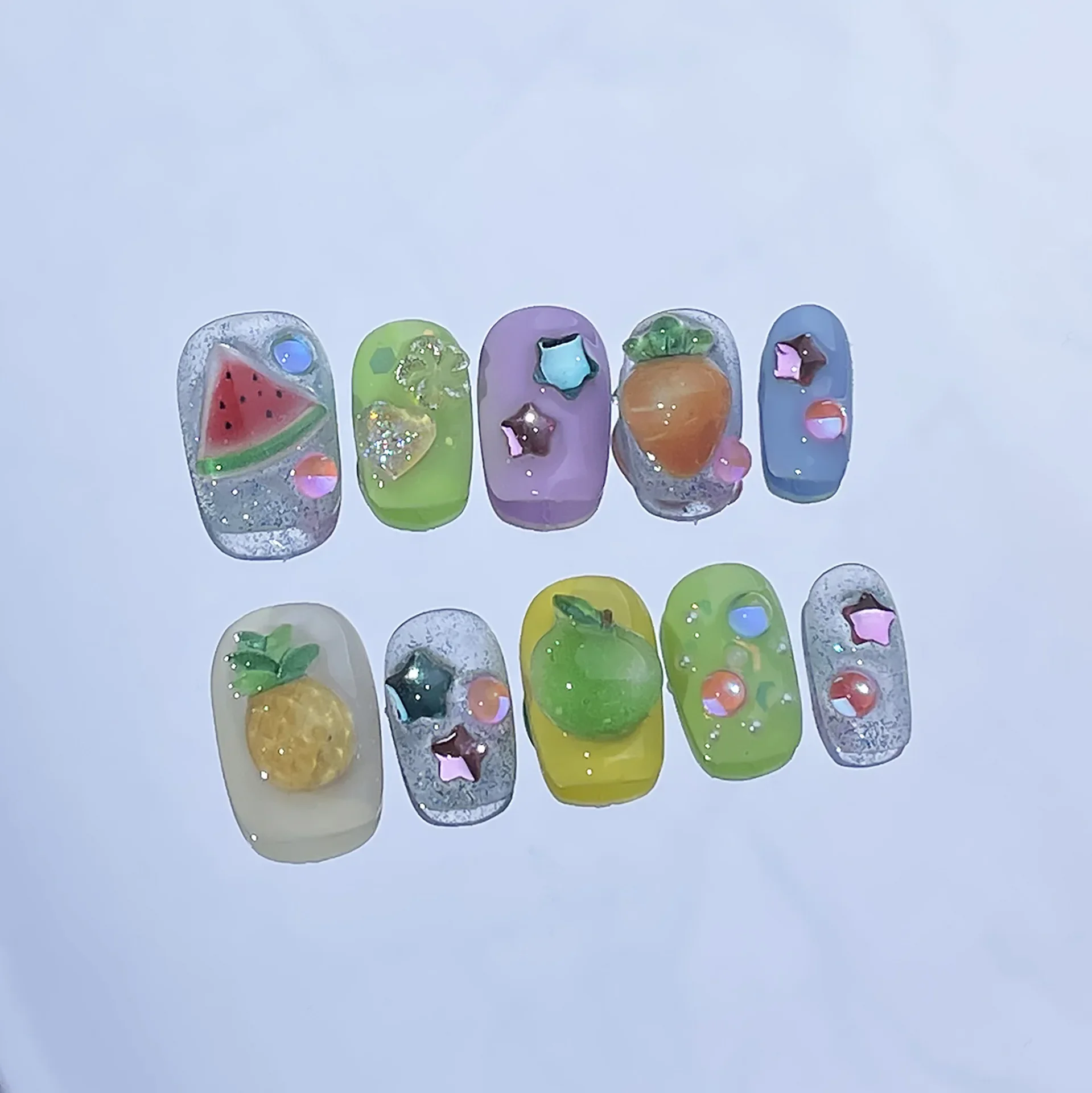 10Pcs Short Handmade Press On Nails Full Cover Summer 3D Fruit Cartoon Cute Design False Nails Artificial Wearable False Nails