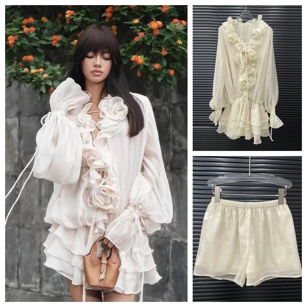 Fashion 3d Flower Lace Up Shorts Sets Women 2 Pieces Sexy Perspective Lantern Sleeve Lace Up Shirts Elastic Waist Short Pant2025