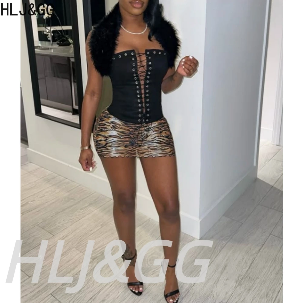 HLJ&GG Fashion Trend Sequin Tiger Print Mini Skirts Two Piece Sets Women Halter Bandage Backless Crop Top And Skirts Outfit 2026 view 2