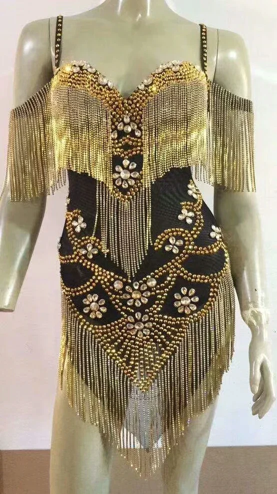 

Rhinestones Chains Bodysuit Women Prom Party Birthday Celebrate Dress Nightclub Stage Wear Dance Costume concert event outfit