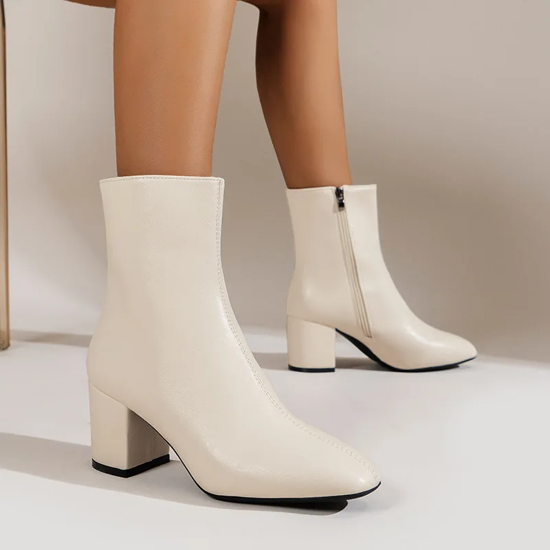 White Ankle Boots for Women 2025 Side Zipper Stretch Middle Heel Large Size Short Boot Fashion Pointed Shoes Botas De Mujer