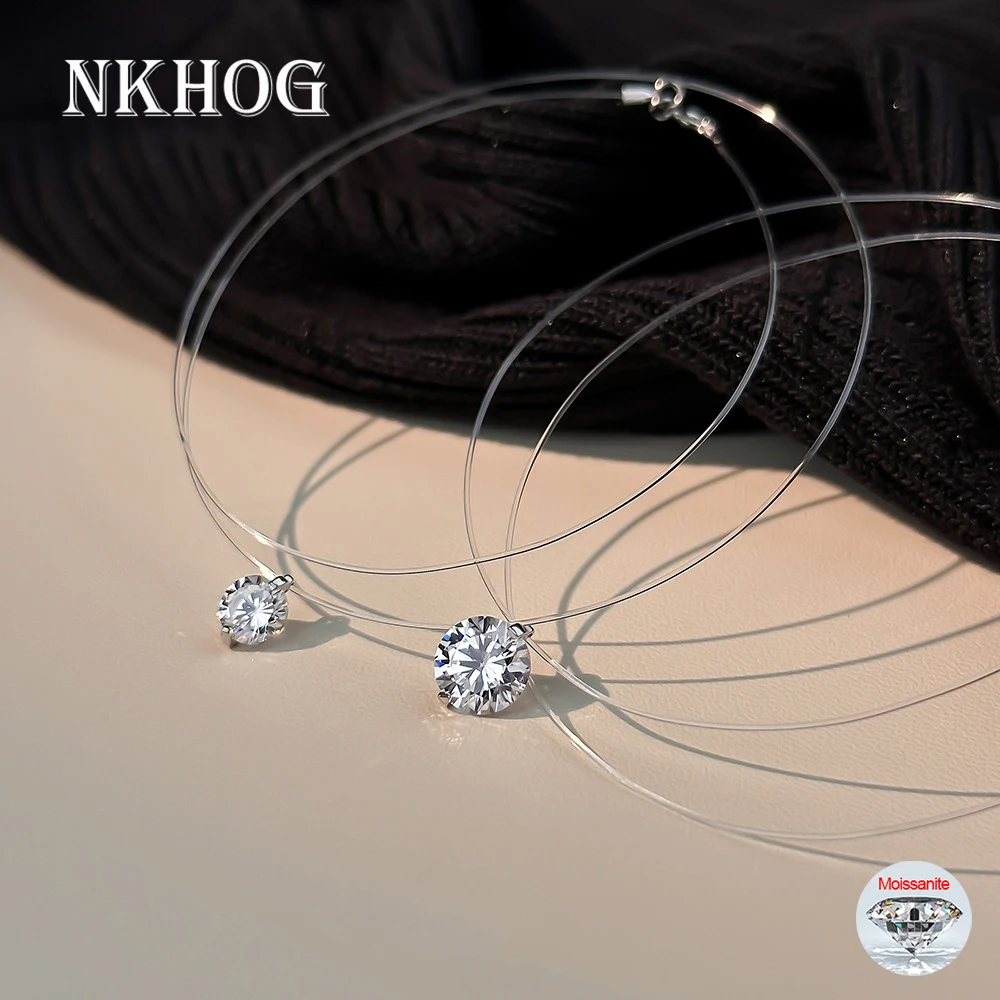 

NKHOG 0,5-2 карата Муассанит круглой огранки подвески ожерелье для женщин S925 серебро прозрачная леска свадебные цепочки на ключицы подарок