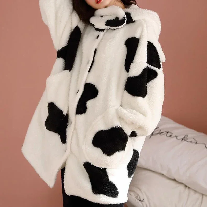 Female Cartoon Cow Thick Hooded Nightgown Kawaii Women Winter Robes Home Clothes Flannel Sleepwear Girls Animal Fleece Pajamas