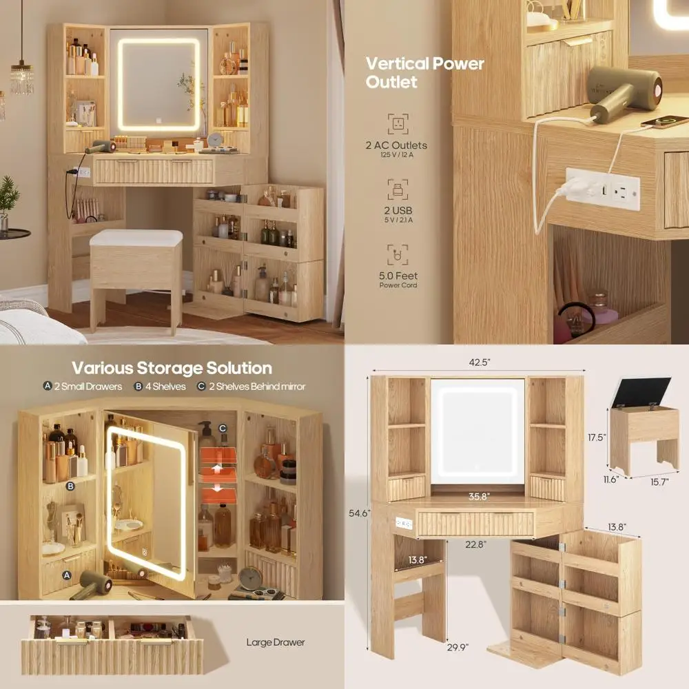 corner vanity desk with illuminated mirror, charging port, storage drawers, and swivel cabinets