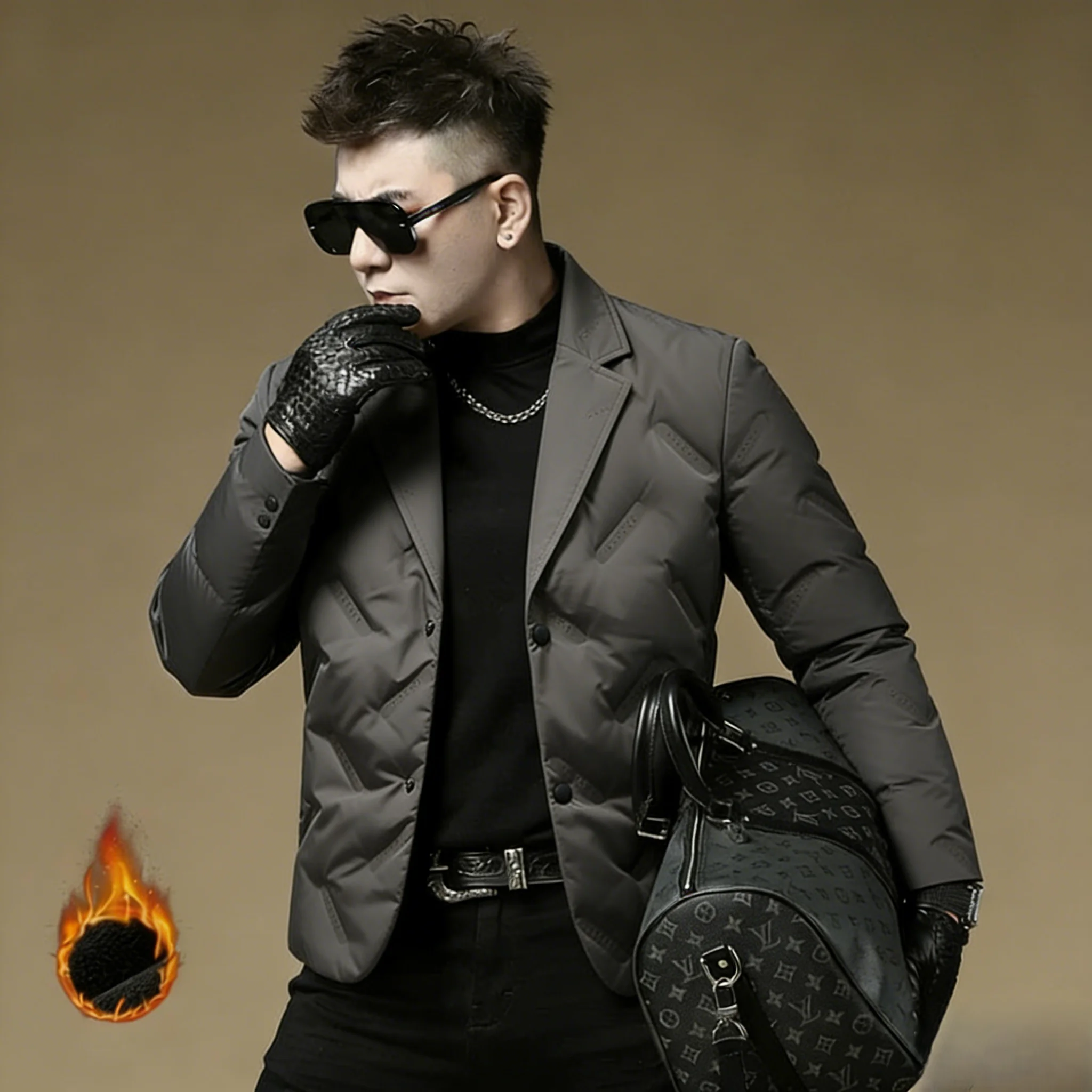 

Youthful Vitali Sle ort Fit Men's down Jaet White Du Feather Warm Busin Coat ey Tailored Lapel Coat Polyester ...