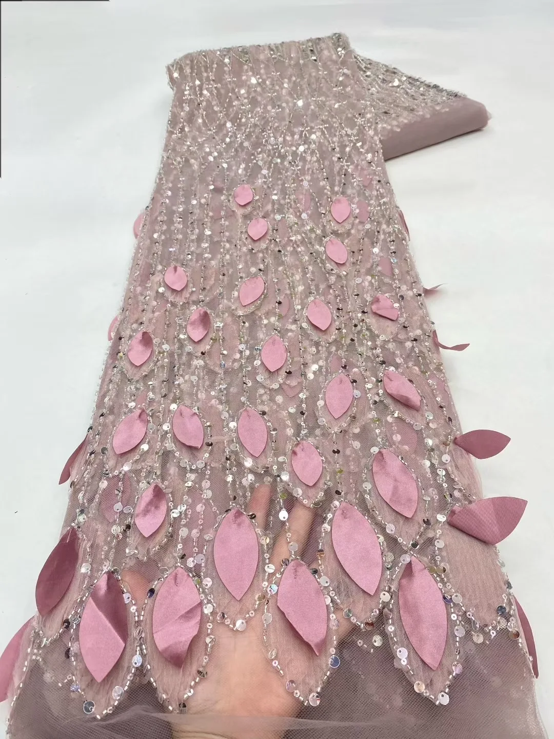 

African 3D Flower Beaded Fabric, Sequins Embroidery, French Tulle, Mesh Lace Fabric for Wedding, Luxury Fashion,5 Yards ,C376