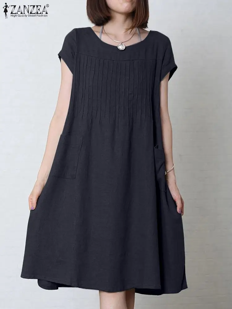 ZANZEA 2024 Summer Long Sundress Elegant Women Short Sleeve Loose Dresses Casual A-line Midi Vestidos Fashion Round Neck Robe