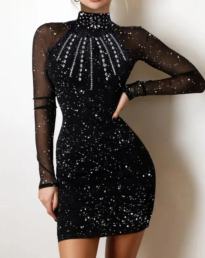 

Sexy Women's Dress 2023 New Hot Selling Fashion Casual Glitter Rhinestone Transparent Mesh Trim Skinny Dress