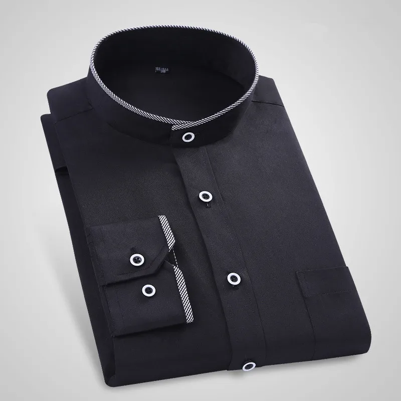 

Men's White Long-sleeve Shirt, Black Single-breasted Stand-up Collar Shirt, Suitable for Weddings, Parties, and The Office.